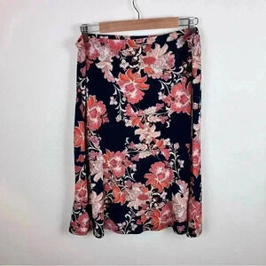 Women's Sz. L Dark Floral Pull-on Midi Skirt Flowy Cottagecore Modest A-Line